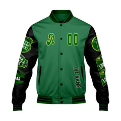 Maßgeschneiderte Grün Schwarz Letterman Varsity Jacket Individuelle Stickerei  Druck nach Ihrem Wunsch