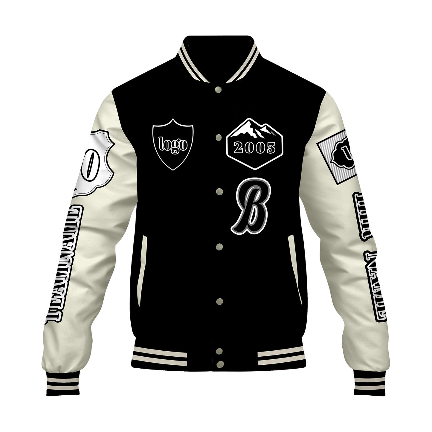 Maßgeschneiderte Schwarz Weiß Letterman Varsity Jacket Individuelle Stickerei  Druck nach Ihrem Wunsch
