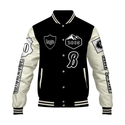 Maßgeschneiderte Schwarz Weiß Letterman Varsity Jacket Individuelle Stickerei  Druck nach Ihrem Wunsch