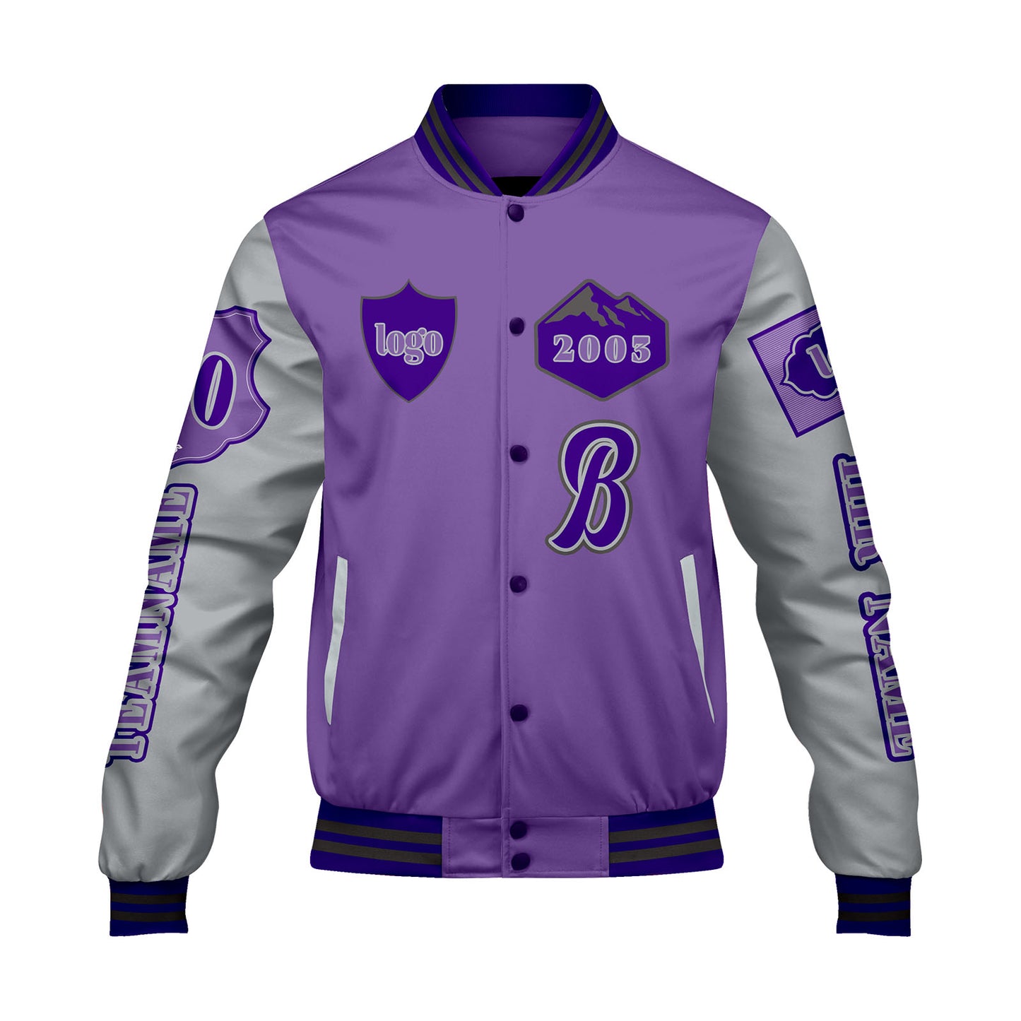 Maßgeschneiderte Lila Lichtgrau Letterman Varsity Jacket Individuelle Stickerei  Druck nach Ihrem Wunsch