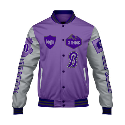 Maßgeschneiderte Lila Lichtgrau Letterman Varsity Jacket Individuelle Stickerei  Druck nach Ihrem Wunsch