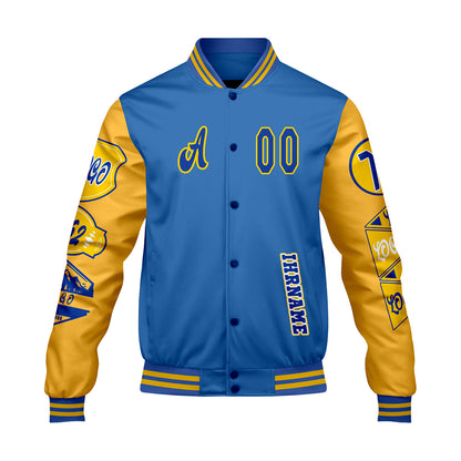 Maßgeschneiderte Blau Gelb Letterman Varsity Jacket Individuelle Stickerei  Druck nach Ihrem Wunsch