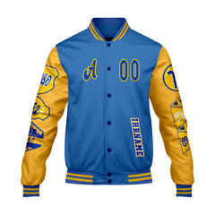 Maßgeschneiderte Blau Gelb Letterman Varsity Jacket Individuelle Stickerei  Druck nach Ihrem Wunsch