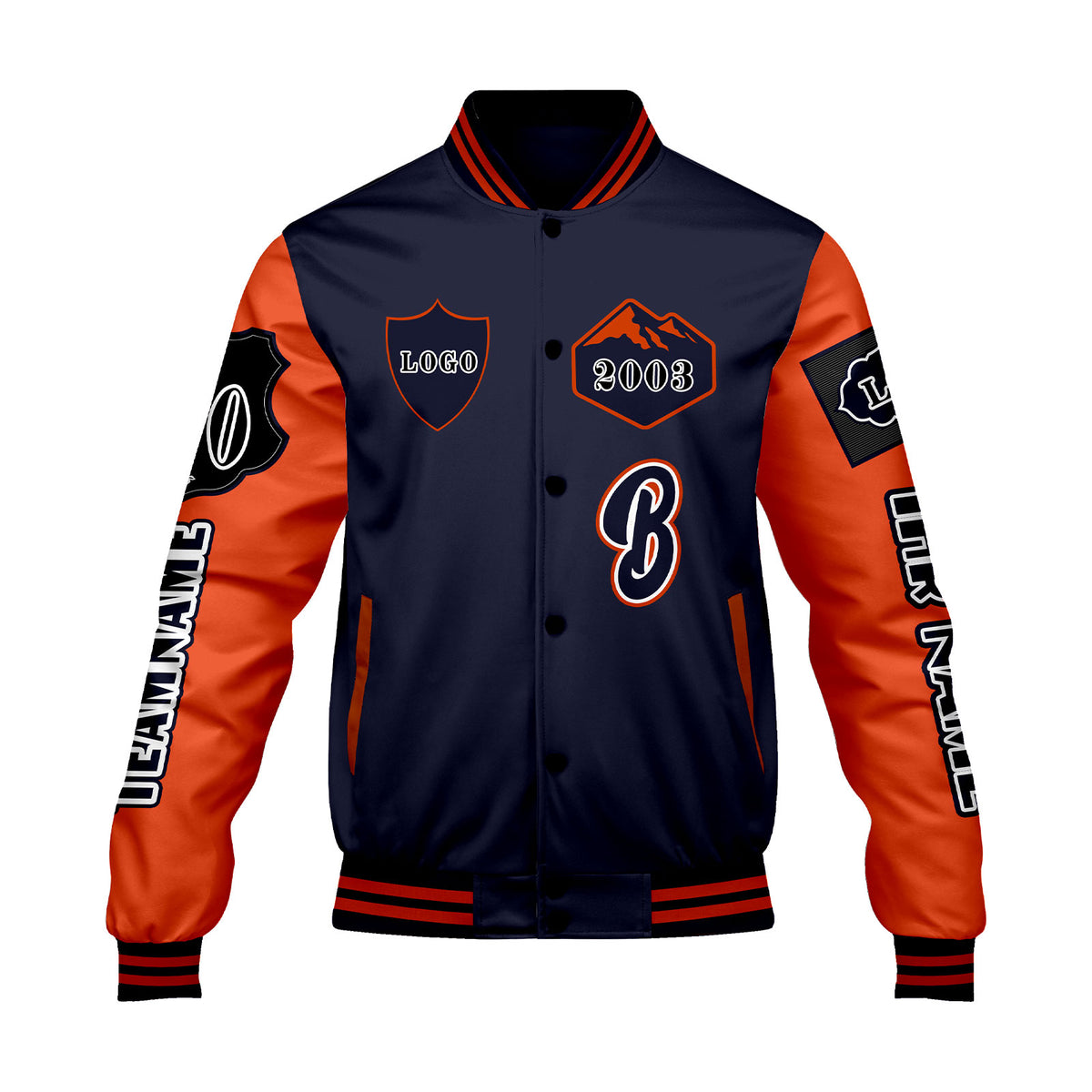 Maßgeschneiderte Marine Orange Letterman Varsity Jacket Individuelle Stickerei  Druck nach Ihrem Wunsch