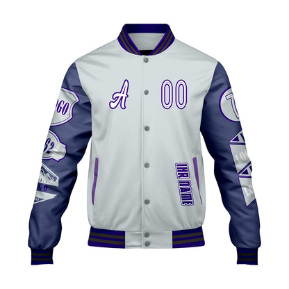 Maßgeschneiderte Grau Lila Letterman Varsity Jacket Individuelle Stickerei  Druck nach Ihrem Wunsch