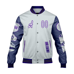 Maßgeschneiderte Grau Lila Letterman Varsity Jacket Individuelle Stickerei  Druck nach Ihrem Wunsch