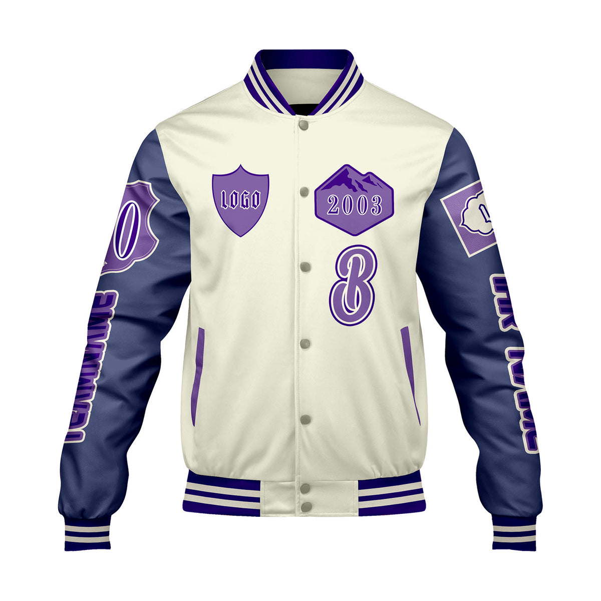 Maßgeschneiderte Weiß Lila Letterman Varsity Jacket Individuelle Stickerei  Druck nach Ihrem Wunsch