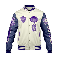 Maßgeschneiderte Weiß Lila Letterman Varsity Jacket Individuelle Stickerei  Druck nach Ihrem Wunsch