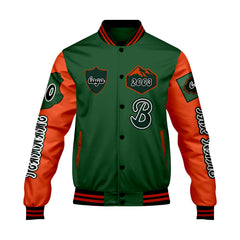 Maßgeschneiderte Grün Orange Letterman Varsity Jacket Individuelle Stickerei  Druck nach Ihrem Wunsch