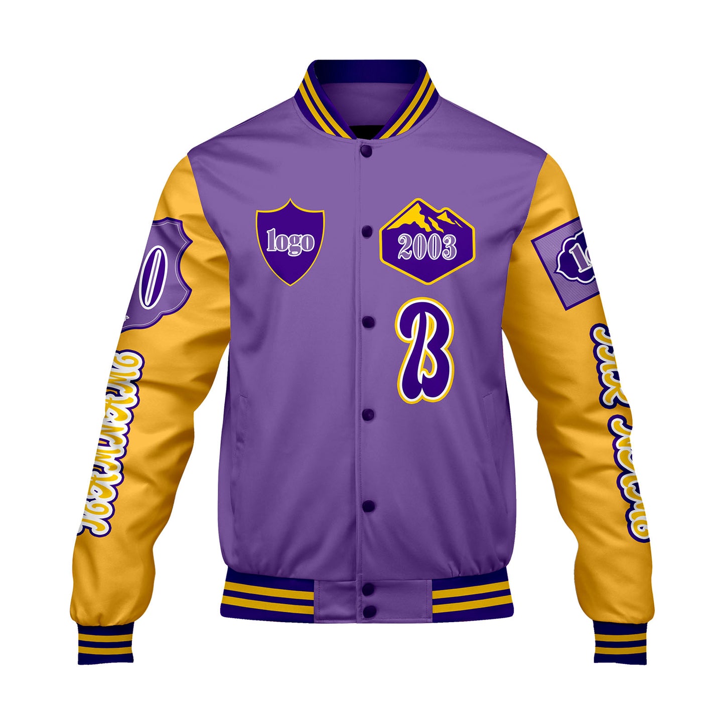 Maßgeschneiderte Lila Gelb Letterman Varsity Jacket Individuelle Stickerei  Druck nach Ihrem Wunsch