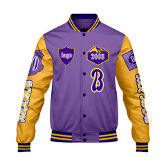 Maßgeschneiderte Lila Gelb Letterman Varsity Jacket Individuelle Stickerei  Druck nach Ihrem Wunsch