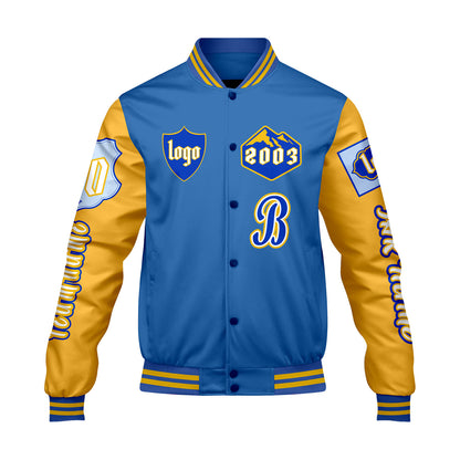 Maßgeschneiderte Blau Gelb Letterman Varsity Jacket Individuelle Stickerei  Druck nach Ihrem Wunsch