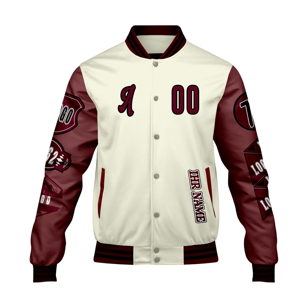 Maßgeschneiderte Weiß Burgund Letterman Varsity Jacket Individuelle Stickerei  Druck nach Ihrem Wunsch