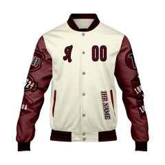 Maßgeschneiderte Weiß Burgund Letterman Varsity Jacket Individuelle Stickerei  Druck nach Ihrem Wunsch
