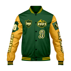 Maßgeschneiderte Grün Gelb Letterman Varsity Jacket Individuelle Stickerei  Druck nach Ihrem Wunsch