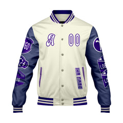 Maßgeschneiderte Rosa Lila Letterman Varsity Jacket Individuelle Stickerei  Druck nach Ihrem Wunsch