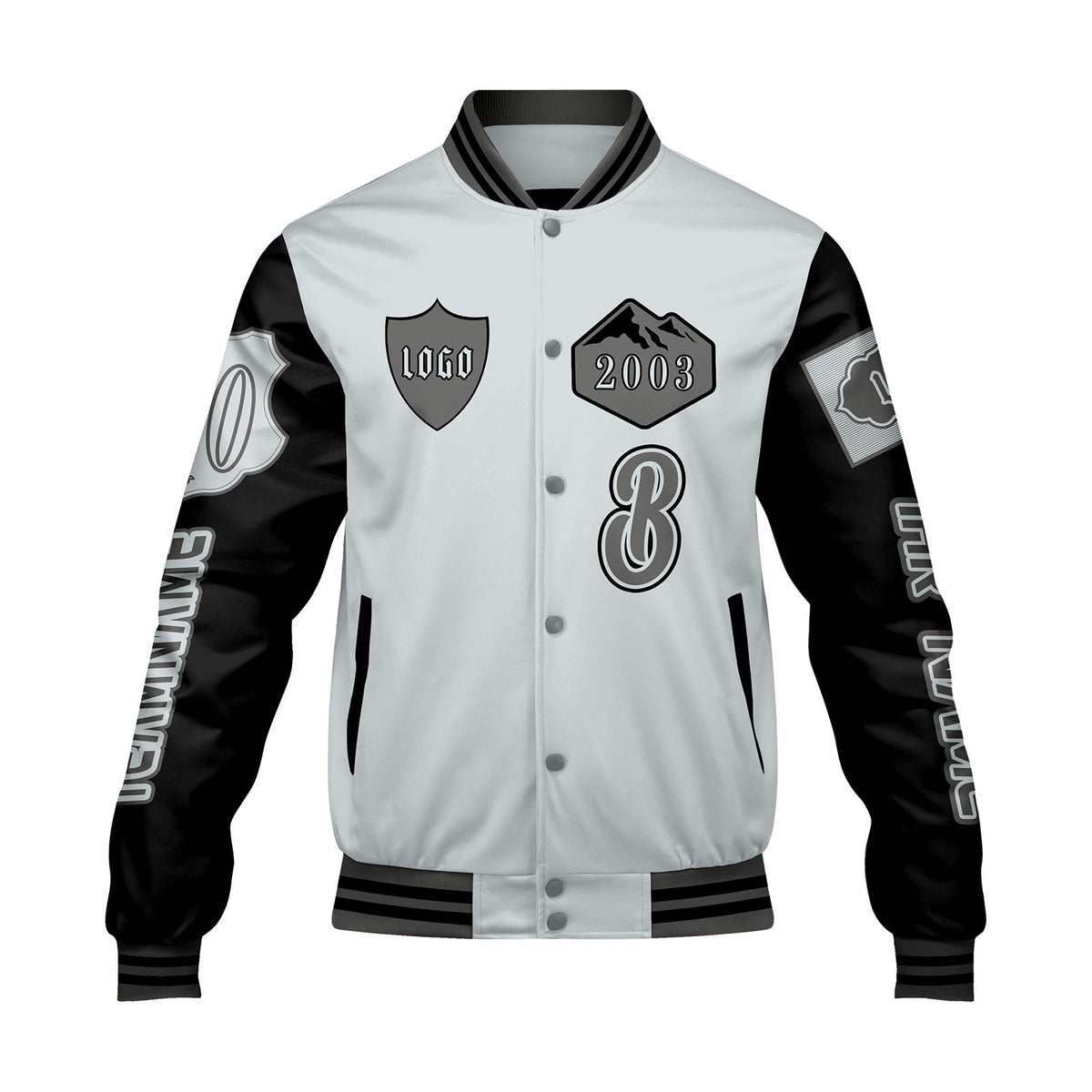 Maßgeschneiderte Grau Schwarz Letterman Varsity Jacket Individuelle Stickerei  Druck nach Ihrem Wunsch