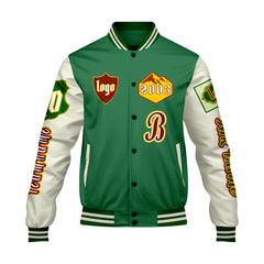 Maßgeschneiderte Grün Weiß Letterman Varsity Jacket Individuelle Stickerei  Druck nach Ihrem Wunsch