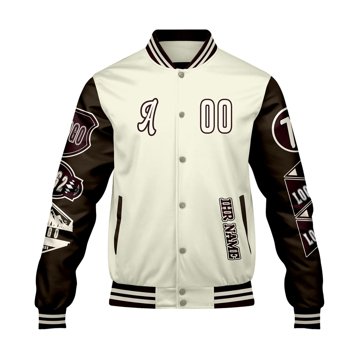 Maßgeschneiderte Weiß Braun Letterman Varsity Jacket Individuelle Stickerei  Druck nach Ihrem Wunsch