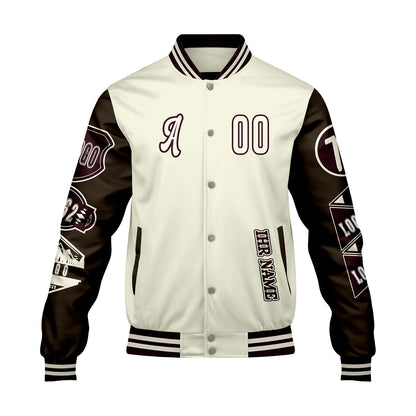 Maßgeschneiderte Weiß Braun Letterman Varsity Jacket Individuelle Stickerei  Druck nach Ihrem Wunsch