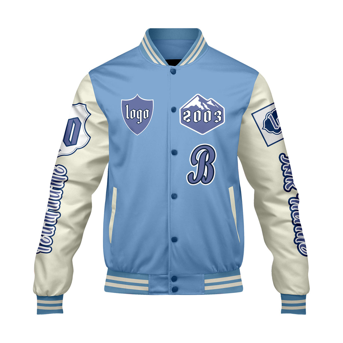 Maßgeschneiderte Blau Weiß Letterman Varsity Jacket Individuelle Stickerei  Druck nach Ihrem Wunsch