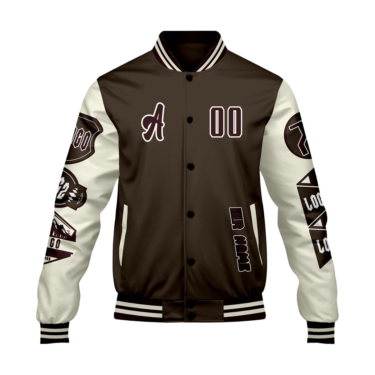 Maßgeschneiderte Braun Weiß Letterman Varsity Jacket Individuelle Stickerei  Druck nach Ihrem Wunsch