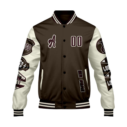 Maßgeschneiderte Braun Weiß Letterman Varsity Jacket Individuelle Stickerei  Druck nach Ihrem Wunsch