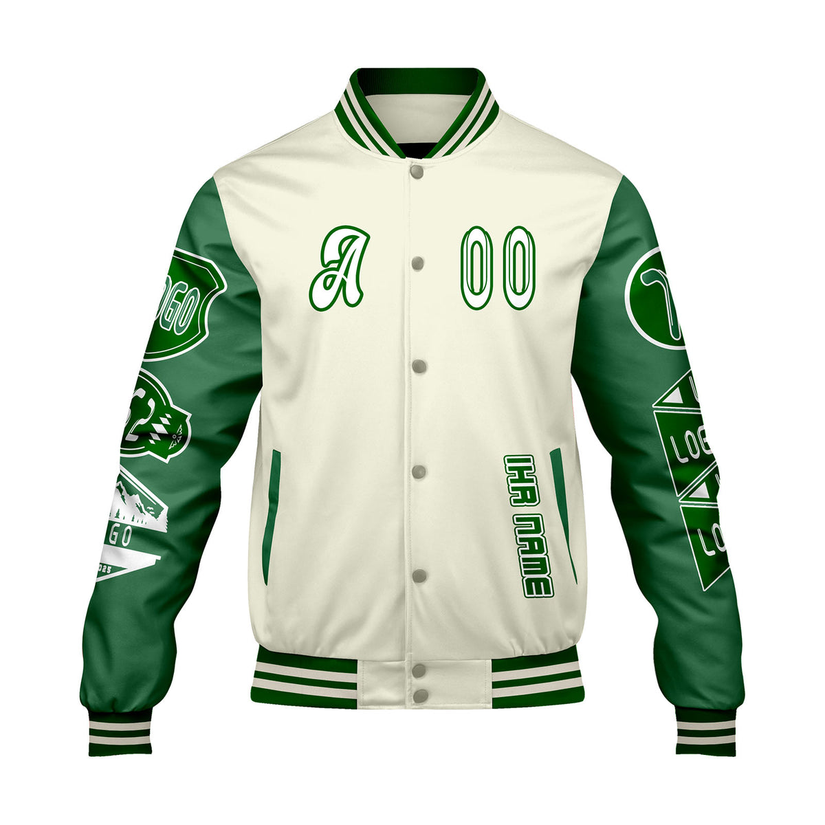 Maßgeschneiderte Weiß Gras Grün Letterman Varsity Jacket Individuelle Stickerei  Druck nach Ihrem Wunsch