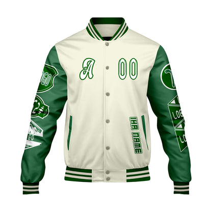 Maßgeschneiderte Weiß Gras Grün Letterman Varsity Jacket Individuelle Stickerei  Druck nach Ihrem Wunsch