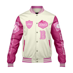 Maßgeschneiderte Weiß Rosa Letterman Varsity Jacket Individuelle Stickerei  Druck nach Ihrem Wunsch