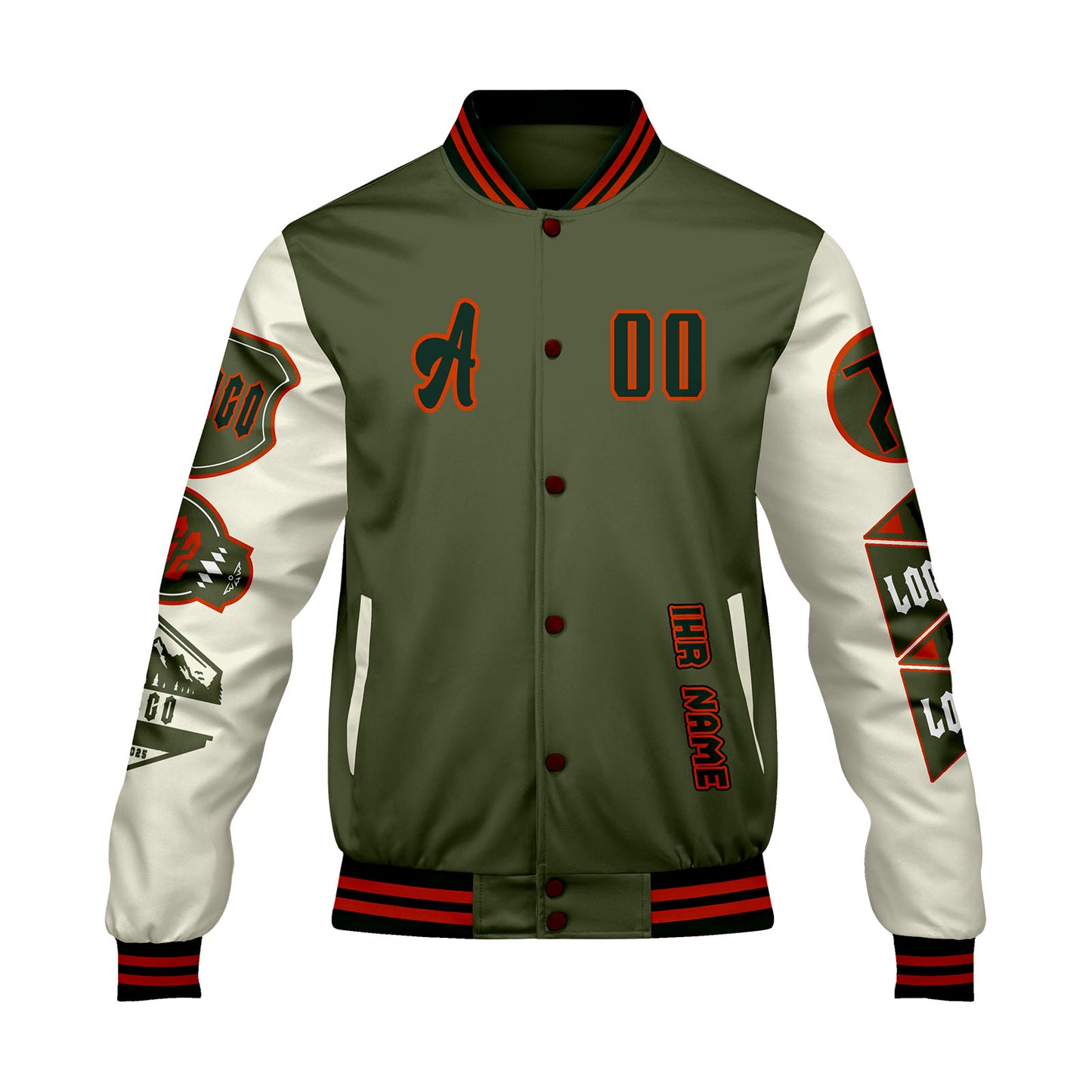 Maßgeschneiderte Olivengrün Weiß Letterman Varsity Jacket Individuelle Stickerei  Druck nach Ihrem Wunsch
