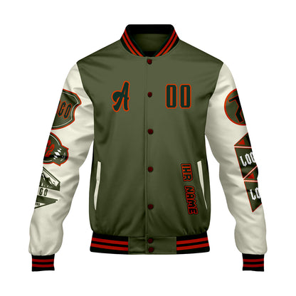 Maßgeschneiderte Olivengrün Weiß Letterman Varsity Jacket Individuelle Stickerei  Druck nach Ihrem Wunsch