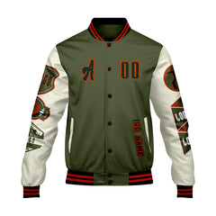 Maßgeschneiderte Olivengrün Weiß Letterman Varsity Jacket Individuelle Stickerei  Druck nach Ihrem Wunsch