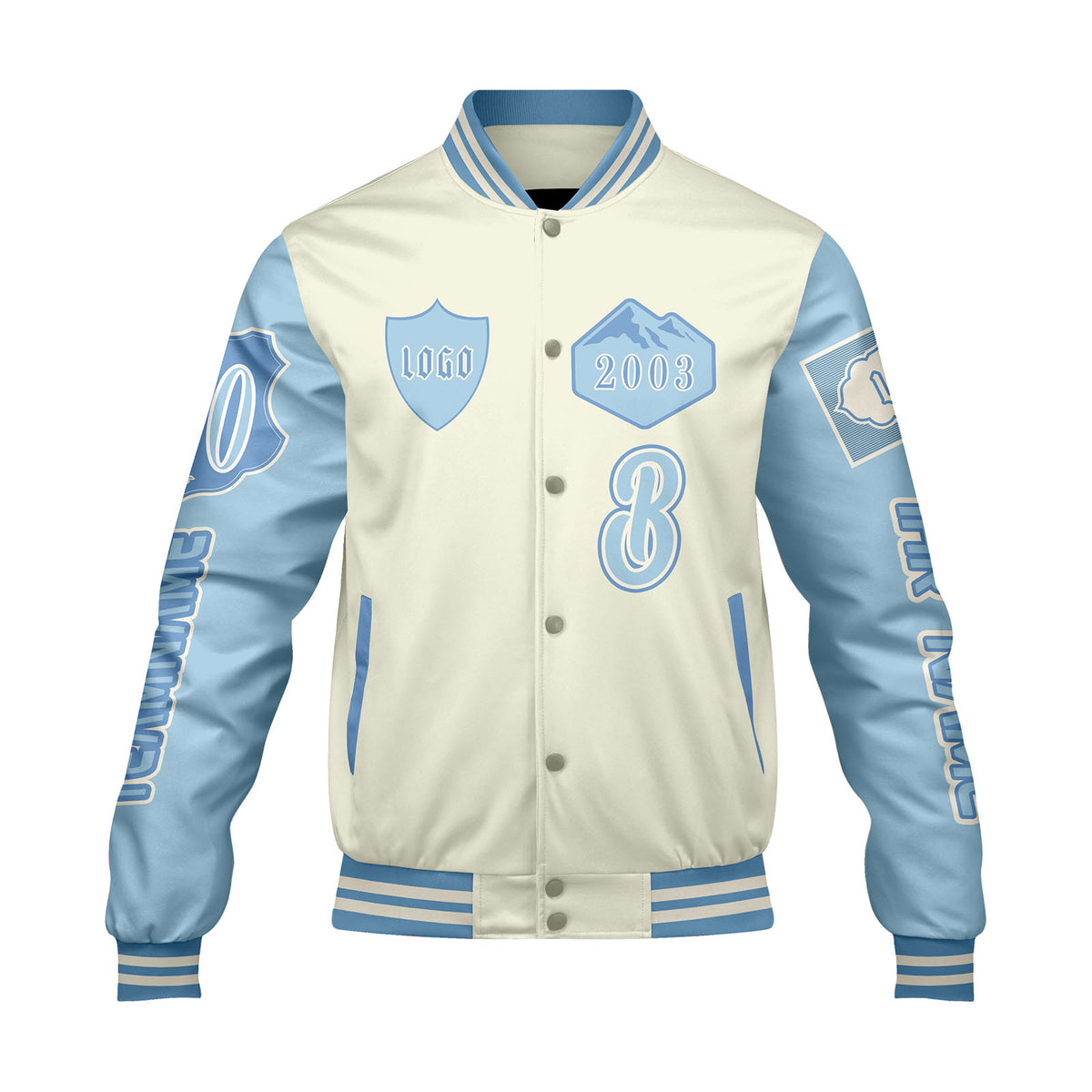 Maßgeschneiderte Weiß Blau Letterman Varsity Jacket Individuelle Stickerei  Druck nach Ihrem Wunsch