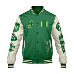 Maßgeschneiderte Grün Weiß Letterman Varsity Jacket Individuelle Stickerei  Druck nach Ihrem Wunsch