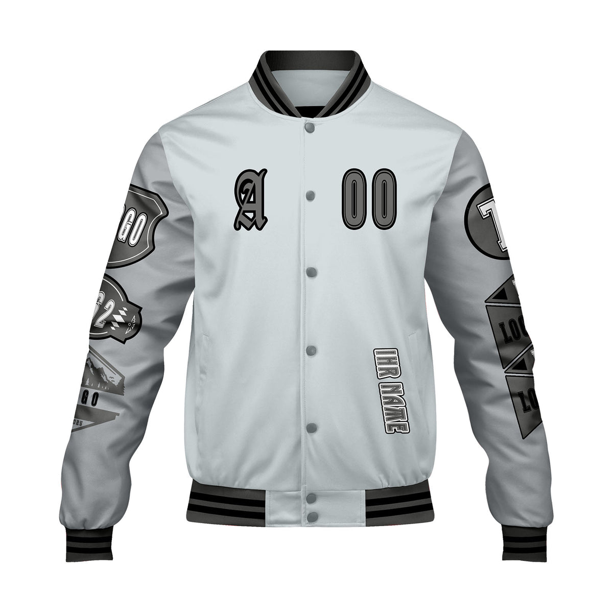 Maßgeschneiderte Grau Letterman Varsity Jacket Individuelle Stickerei  Druck nach Ihrem Wunsch