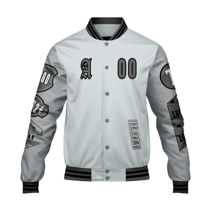 Maßgeschneiderte Grau Letterman Varsity Jacket Individuelle Stickerei  Druck nach Ihrem Wunsch