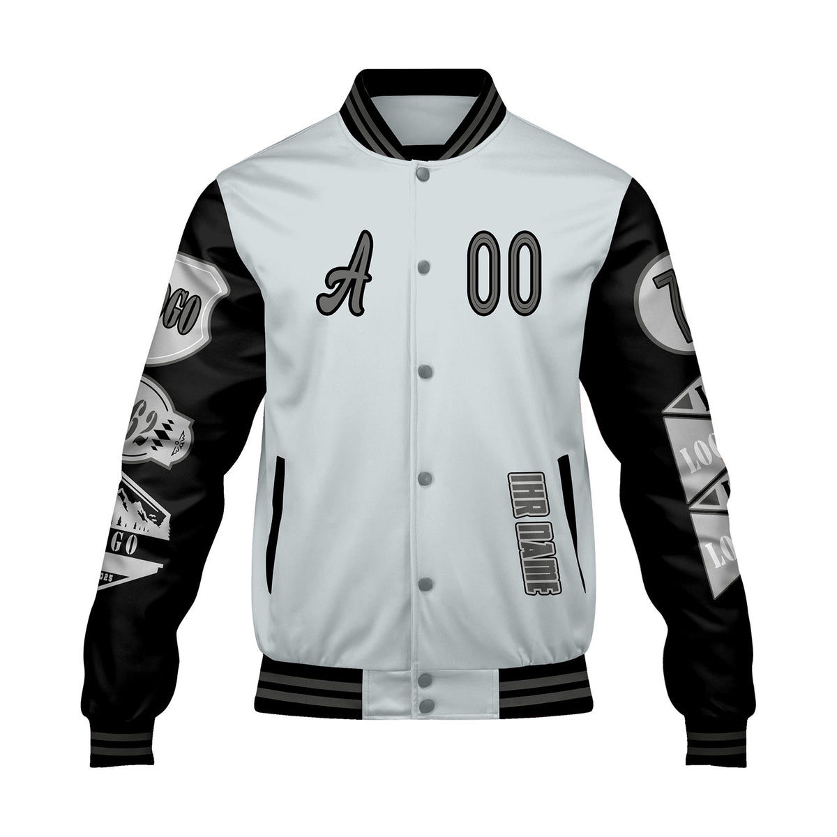 Maßgeschneiderte Grau Schwarz Letterman Varsity Jacket Individuelle Stickerei  Druck nach Ihrem Wunsch