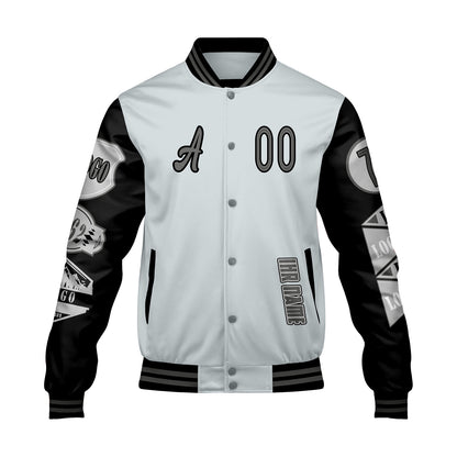 Maßgeschneiderte Grau Schwarz Letterman Varsity Jacket Individuelle Stickerei  Druck nach Ihrem Wunsch