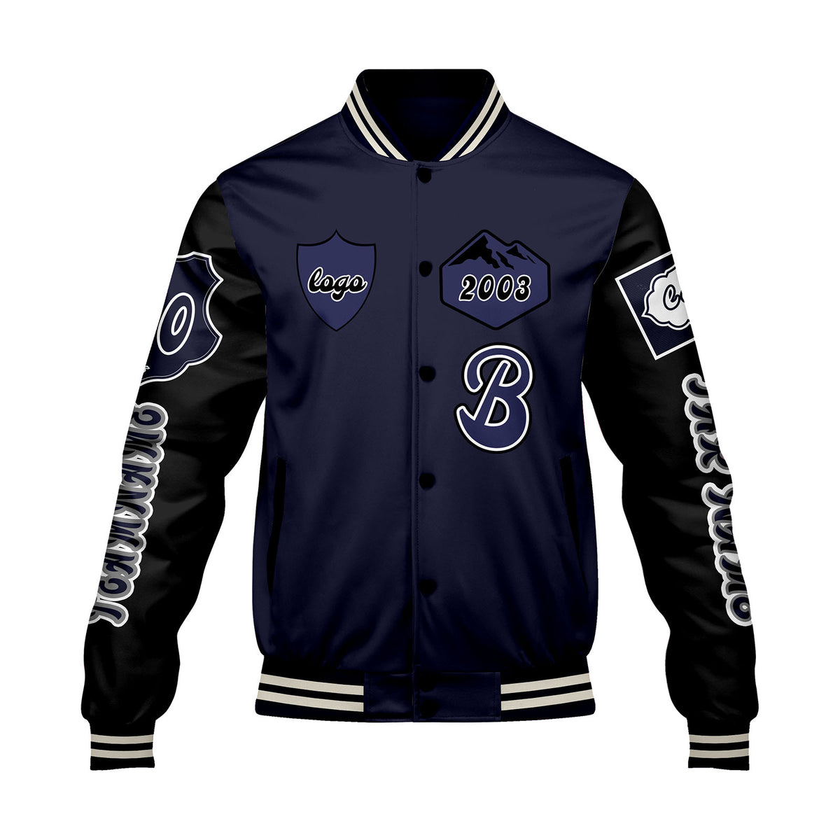 Maßgeschneiderte Marine Schwarz Letterman Varsity Jacket Individuelle Stickerei  Druck nach Ihrem Wunsch