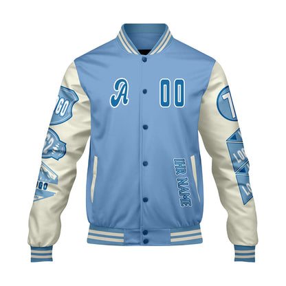 Maßgeschneiderte Blau Weiß Letterman Varsity Jacket Individuelle Stickerei  Druck nach Ihrem Wunsch