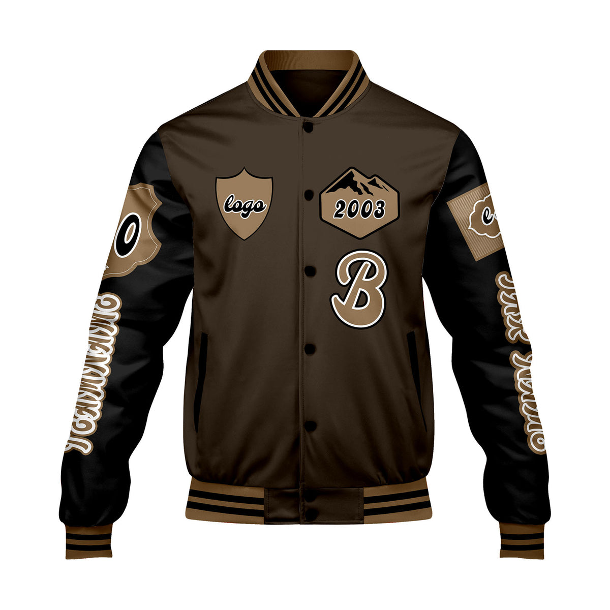 Maßgeschneiderte Braun Schwarz Letterman Varsity Jacket Individuelle Stickerei  Druck nach Ihrem Wunsch