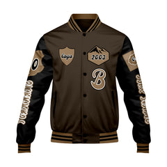 Maßgeschneiderte Braun Schwarz Letterman Varsity Jacket Individuelle Stickerei  Druck nach Ihrem Wunsch