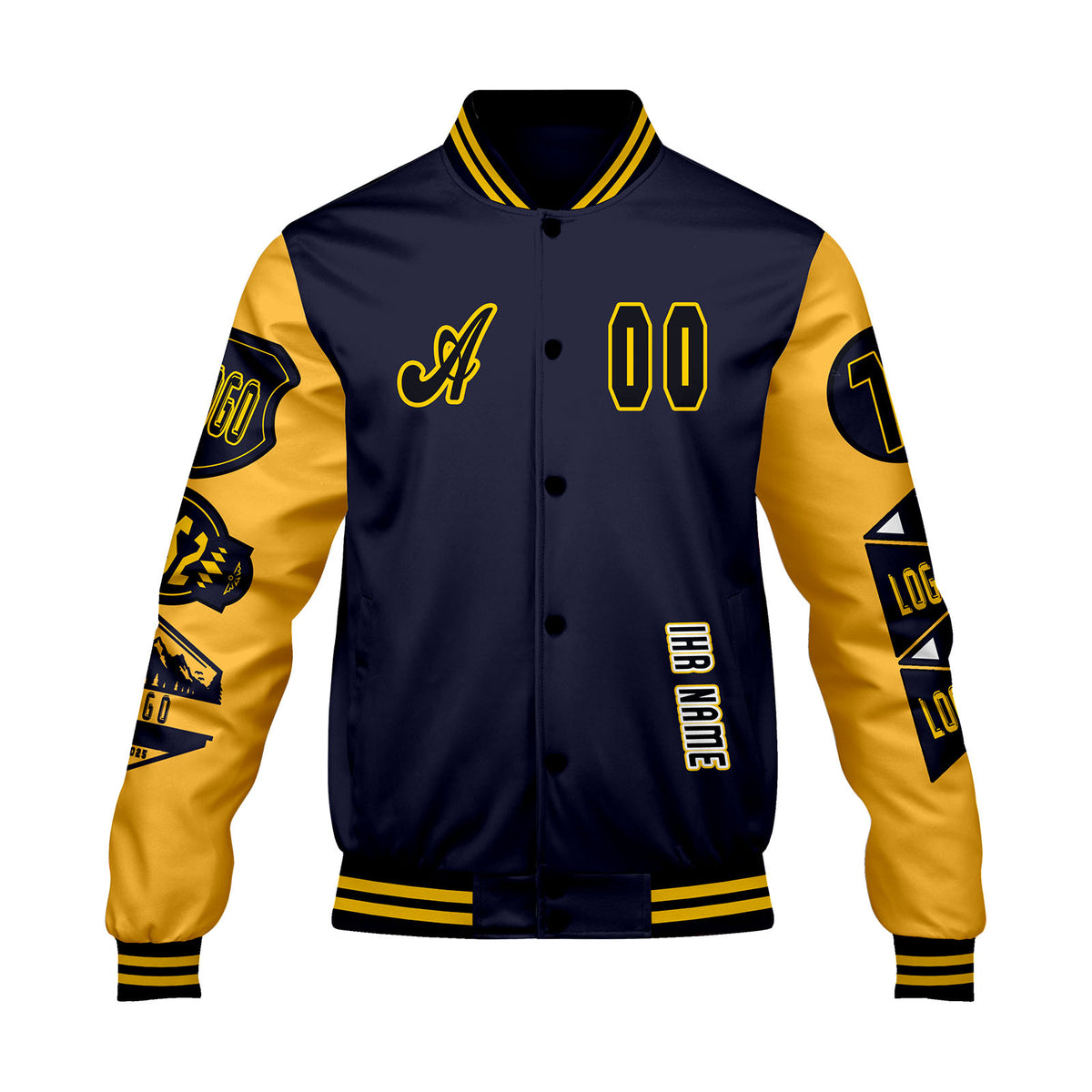 Maßgeschneiderte Marine Gelb Letterman Varsity Jacket Individuelle Stickerei  Druck nach Ihrem Wunsch