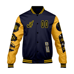Maßgeschneiderte Marine Gelb Letterman Varsity Jacket Individuelle Stickerei  Druck nach Ihrem Wunsch