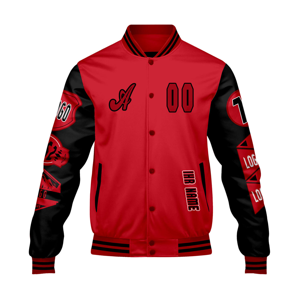 Maßgeschneiderte Rot Schwarz Letterman Varsity Jacket Individuelle Stickerei  Druck nach Ihrem Wunsch