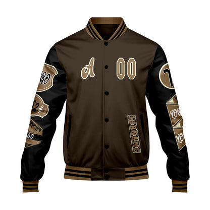Maßgeschneiderte Braun Schwarz Letterman Varsity Jacket Individuelle Stickerei  Druck nach Ihrem Wunsch