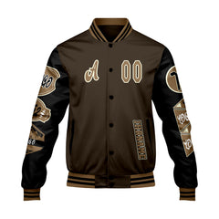 Maßgeschneiderte Braun Schwarz Letterman Varsity Jacket Individuelle Stickerei  Druck nach Ihrem Wunsch