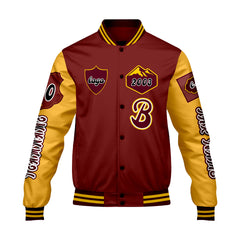 Maßgeschneiderte Rot Gelb Letterman Varsity Jacket Individuelle Stickerei  Druck nach Ihrem Wunsch