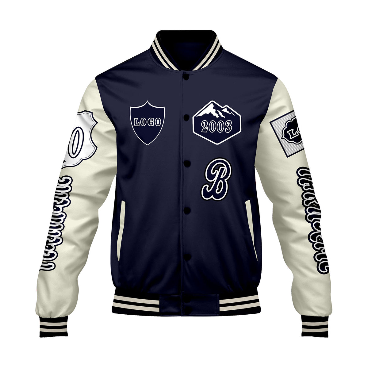 Maßgeschneiderte Marine Weiß Letterman Varsity Jacket Individuelle Stickerei  Druck nach Ihrem Wunsch